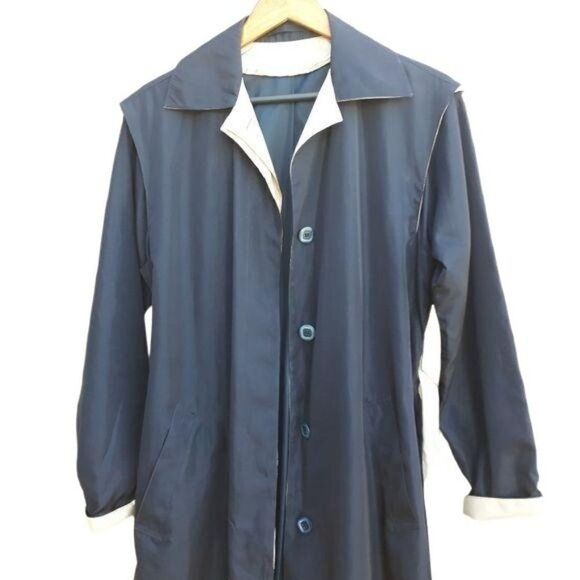 Vtg 80's Womens 6L‎ Trench Coat Long Belted Sailor Back Color Block Black Cream - Picture 12 of 13